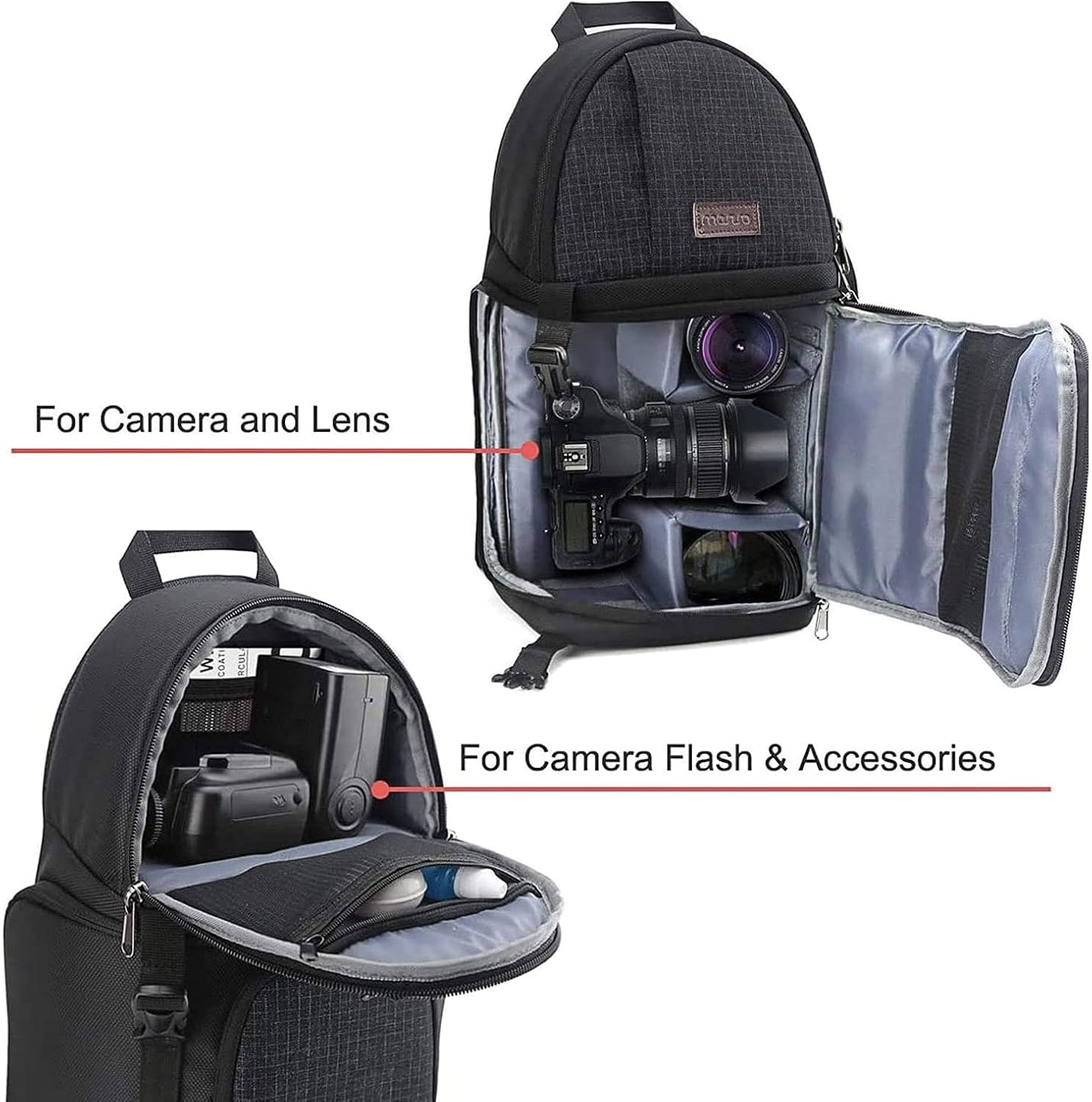 Black Tech Stop camera sling bag with shockproof DSLR case, tripod holder, and modular inserts for Canon, Nikon, Sony, Fuji cameras.