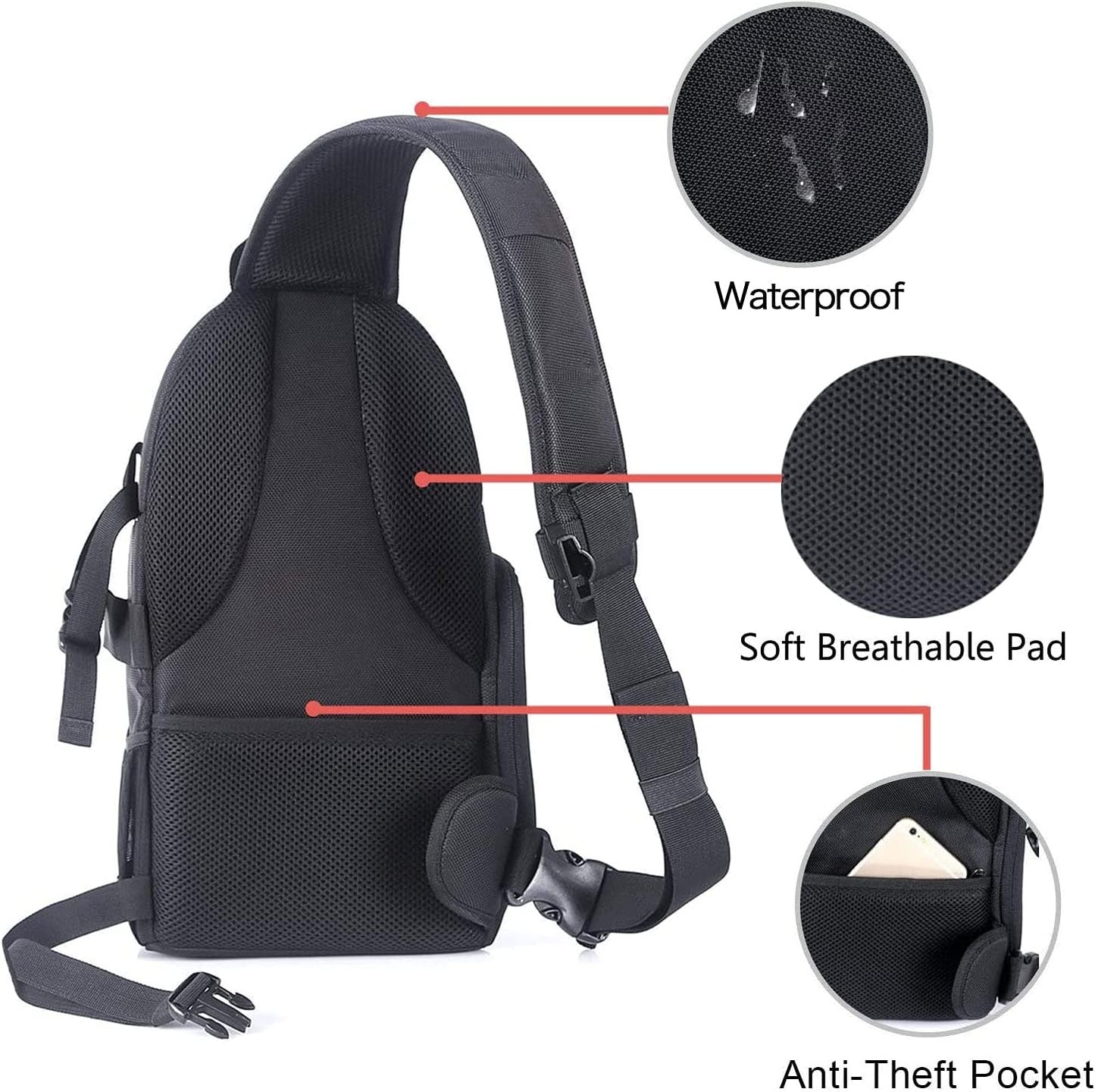 Black Tech Stop DSLR camera sling bag with shockproof design, tripod holder, and removable modular inserts for Canon, Nikon, Sony, Fuji.