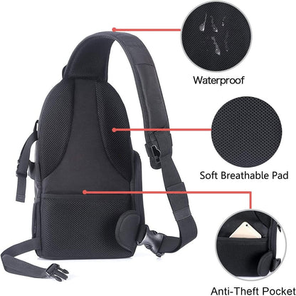 Black Tech Stop DSLR camera sling bag with shockproof design, tripod holder, and removable modular inserts for Canon, Nikon, Sony, Fuji.