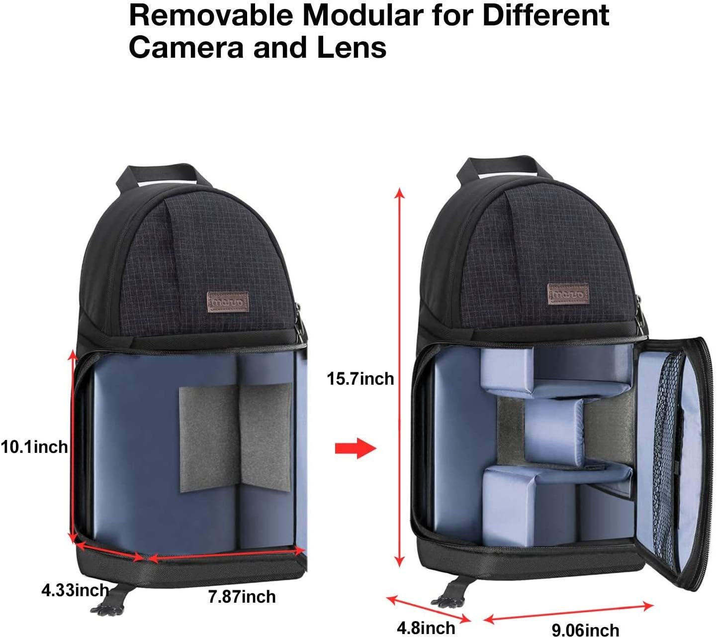 Black Tech Stop camera sling bag with shockproof DSLR camera case, tripod holder, and removable modular inserts for Canon, Nikon, Sony.