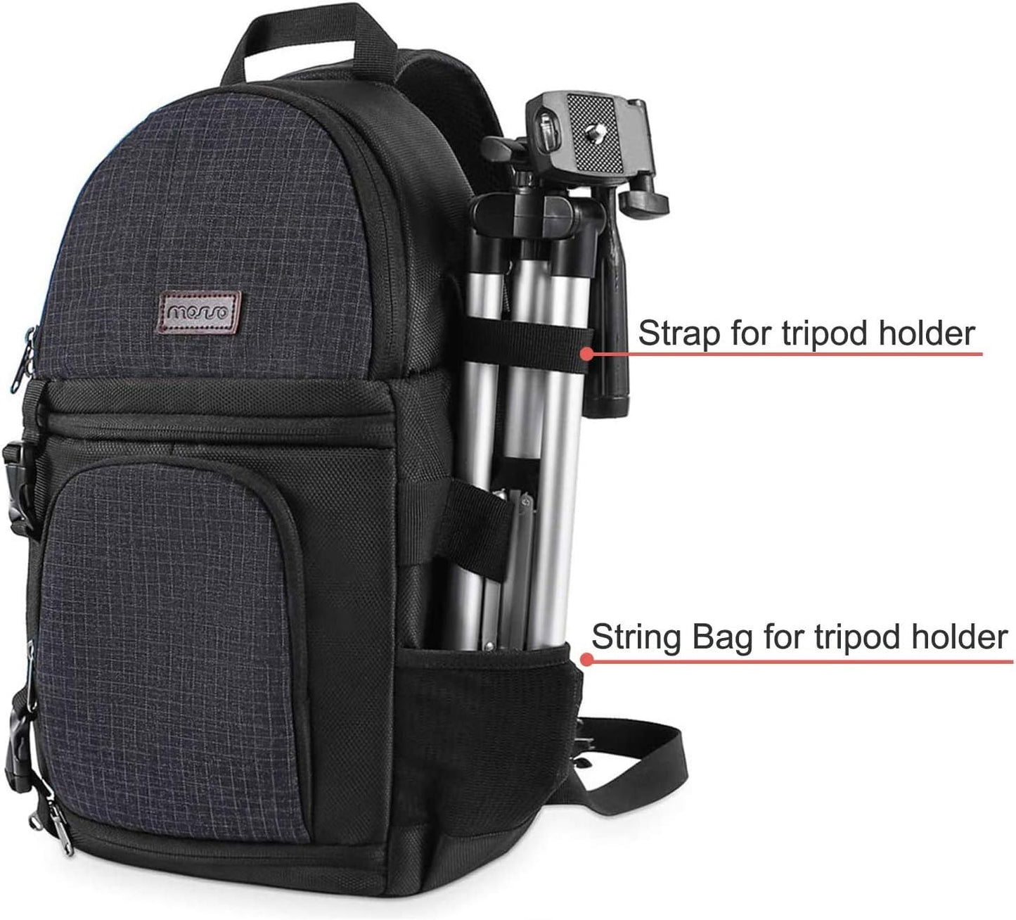 Black DSLR camera sling bag with shockproof design, tripod holder, and modular inserts for Canon, Nikon, Sony, and Fuji cameras.