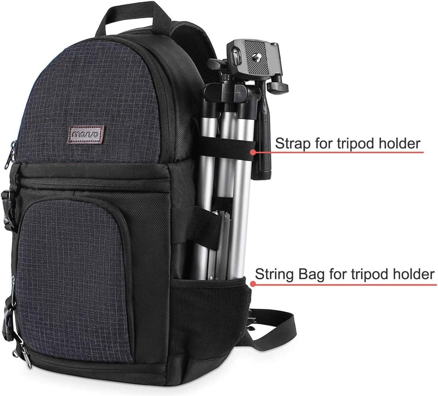 Black DSLR camera sling bag with shockproof design, tripod holder, and modular inserts for Canon, Nikon, Sony, and Fuji cameras.
