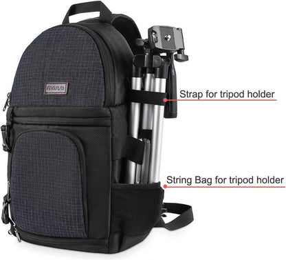 Black DSLR camera sling bag with shockproof design, tripod holder, and modular inserts for Canon, Nikon, Sony, and Fuji cameras.