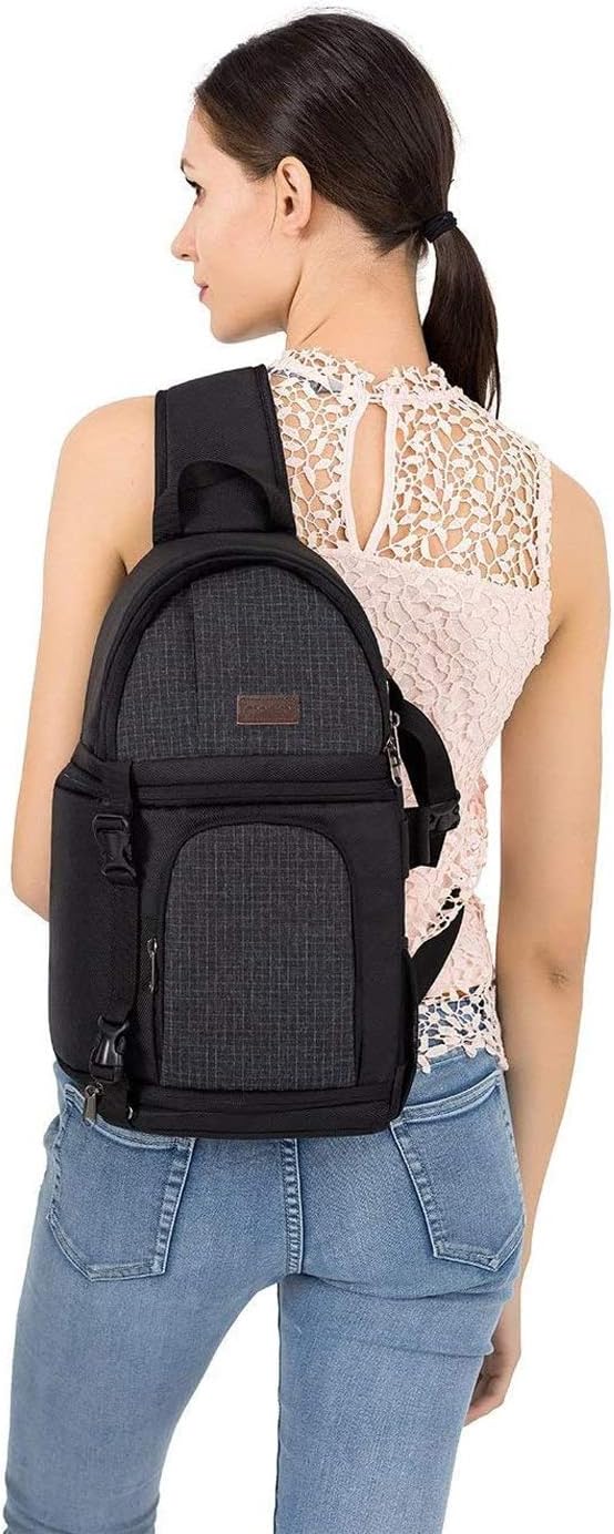 Black Tech Stop camera sling bag with shockproof DSLR case, tripod holder, and modular inserts for Canon, Nikon, Sony, Fuji cameras.