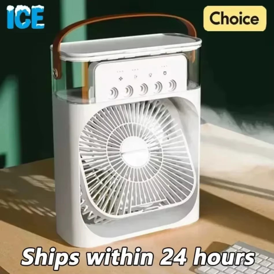 Tech Stop portable USB fan and air cooler with LED night light, water mist humidifier, and 3-in-1 air circulation for home use.
