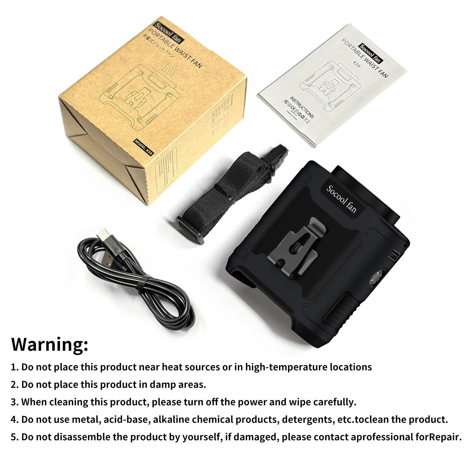 Tech stop portable 10,000mAh power bank with built-in fan, torch, and LED light, shown with multiple attachment features.