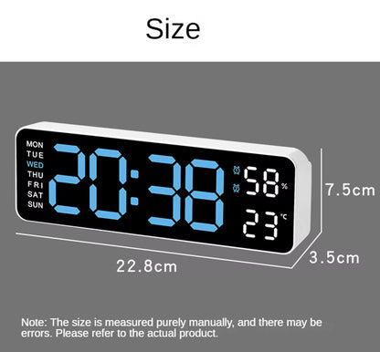 Large LED digital wall clock by Tech Stop showing time, temperature, humidity, and week display on a modern wall clock.