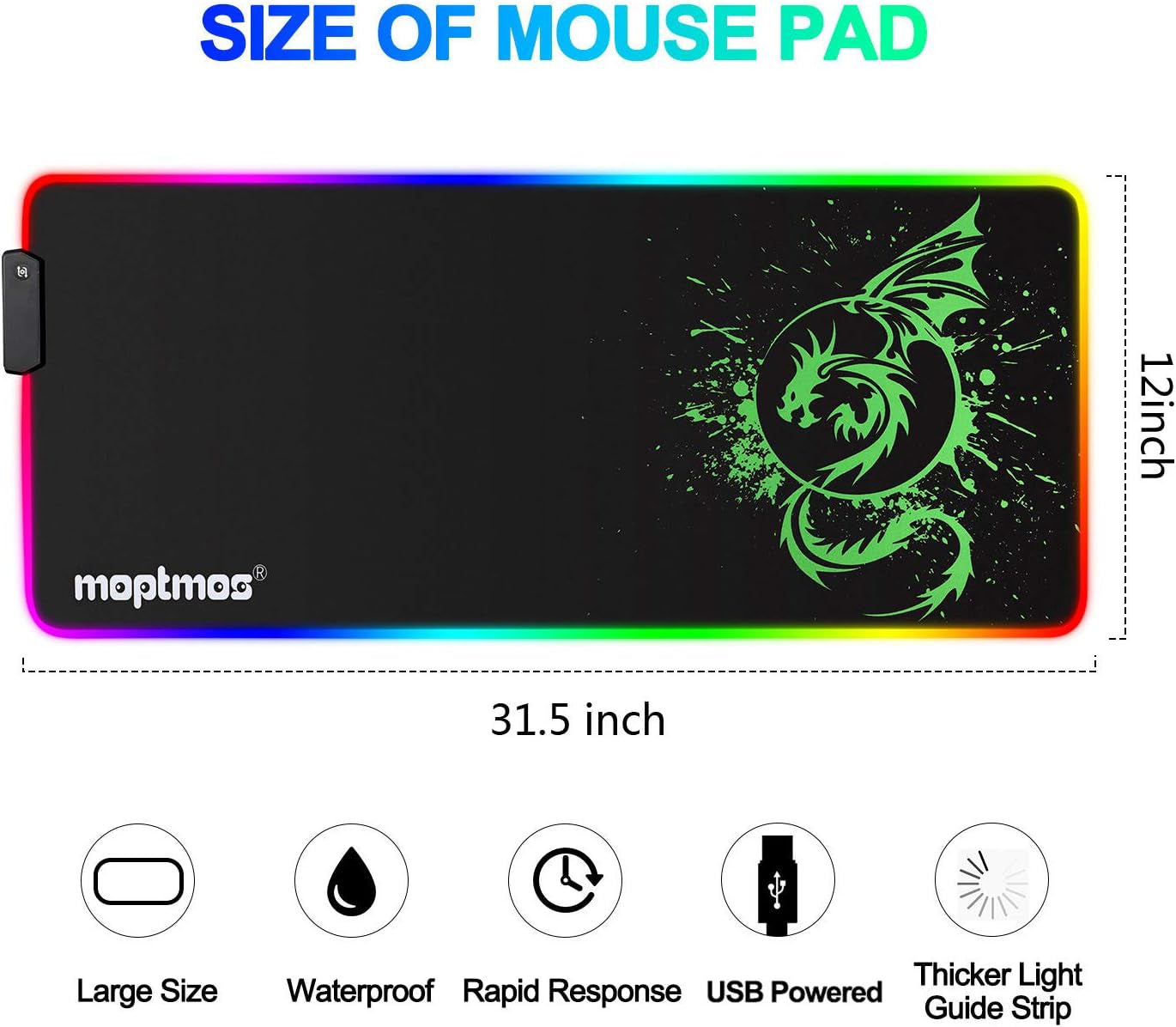 Large Tech stop RGB gaming mouse pad featuring green dragon design, 15 LED lighting modes, 31.5 x 12 inches for gaming setup.