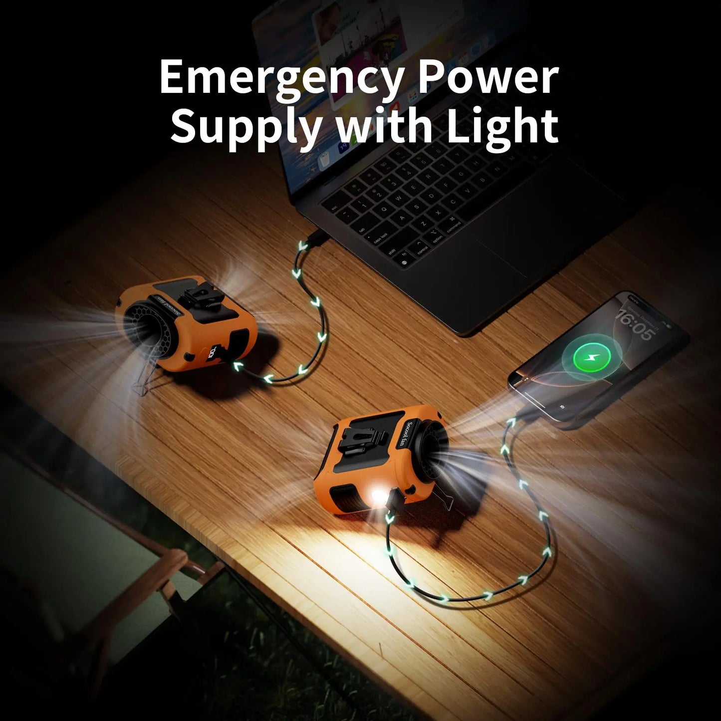 Tech stop portable 10,000mAh power bank with built-in 3-in-1 fan, torch, and LED light, showing the device with its features.
