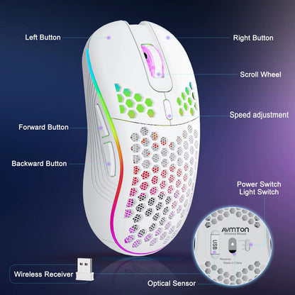 Tech stop 2.4G wireless gaming mouse with RGB backlit, 6 buttons, ergonomic honeycomb design, Type C rechargeable, 3-speed DPI