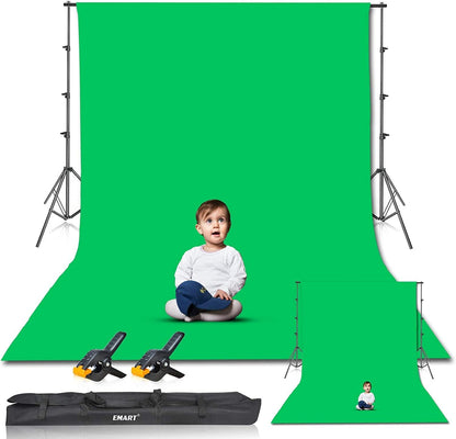 Tech stop 8.5x10ft green screen backdrop with support stand and 10x12ft cotton muslin chromakey background for photo and video filming.