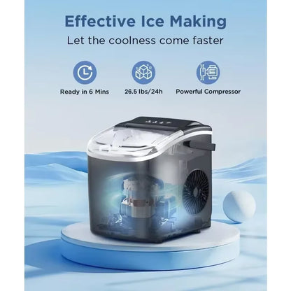 Tech Stop countertop ice maker producing 9 bullet ice cubes in 6 minutes, with self-cleaning feature and 26.5Lbs per 24 hours.