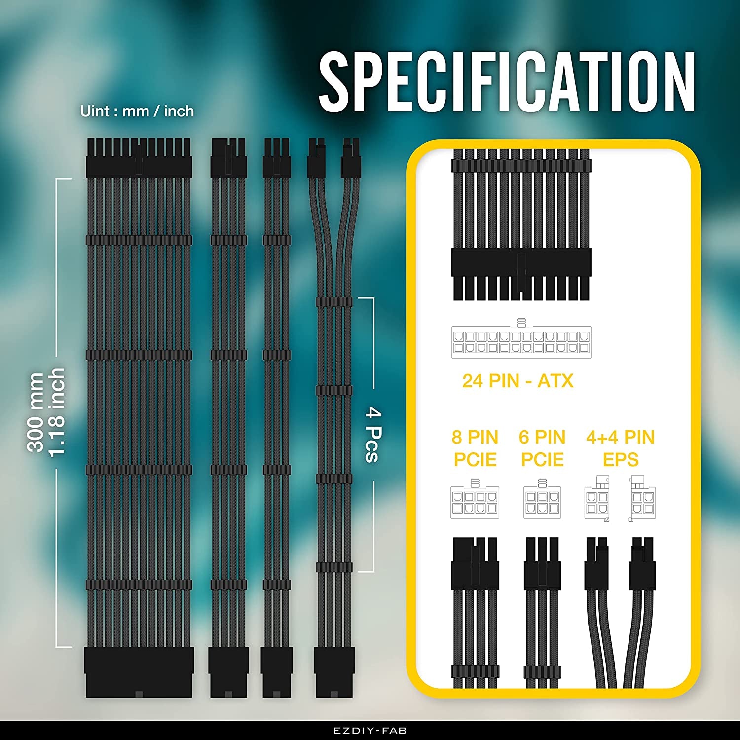 Tech stop black sleeved PSU cable extension kit with 24-pin, 8-pin, 6-pin, and 4+4-pin connectors and cable combs for custom power supply.