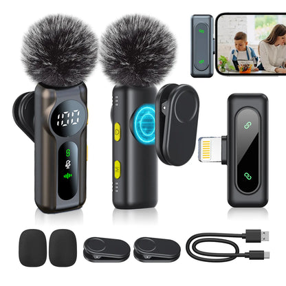Two wireless Lavalier clip-on microphones by Tech Stop, compact and portable for clear audio recording.