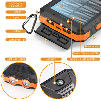 Tech Stop 10,000mAh solar power bank with built-in solar panel and USB ports for portable device charging.