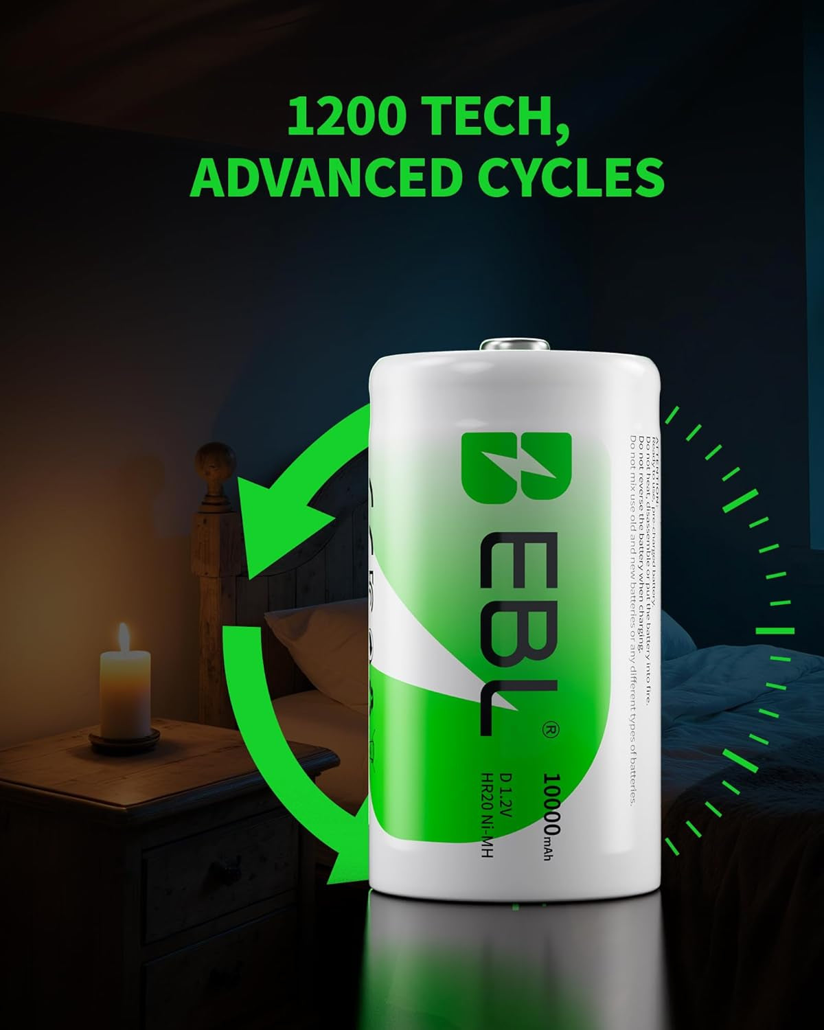Four Tech Stop D cell rechargeable Ni-MH batteries with storage case, 10,000mAh ultra pro power, shown in image.