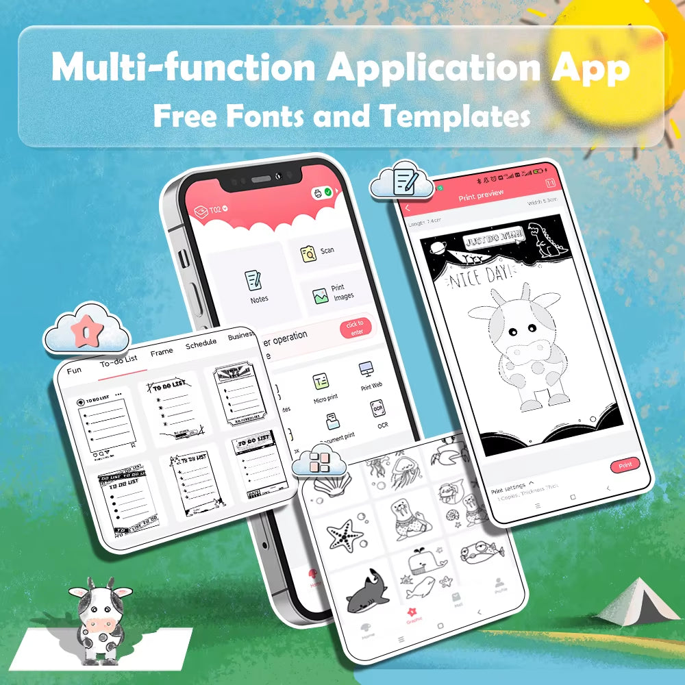 Tech stop T02 portable mini sticker printer with self-adhesive labels, inkless design, used for journaling, notes, photos, and DIY projects.