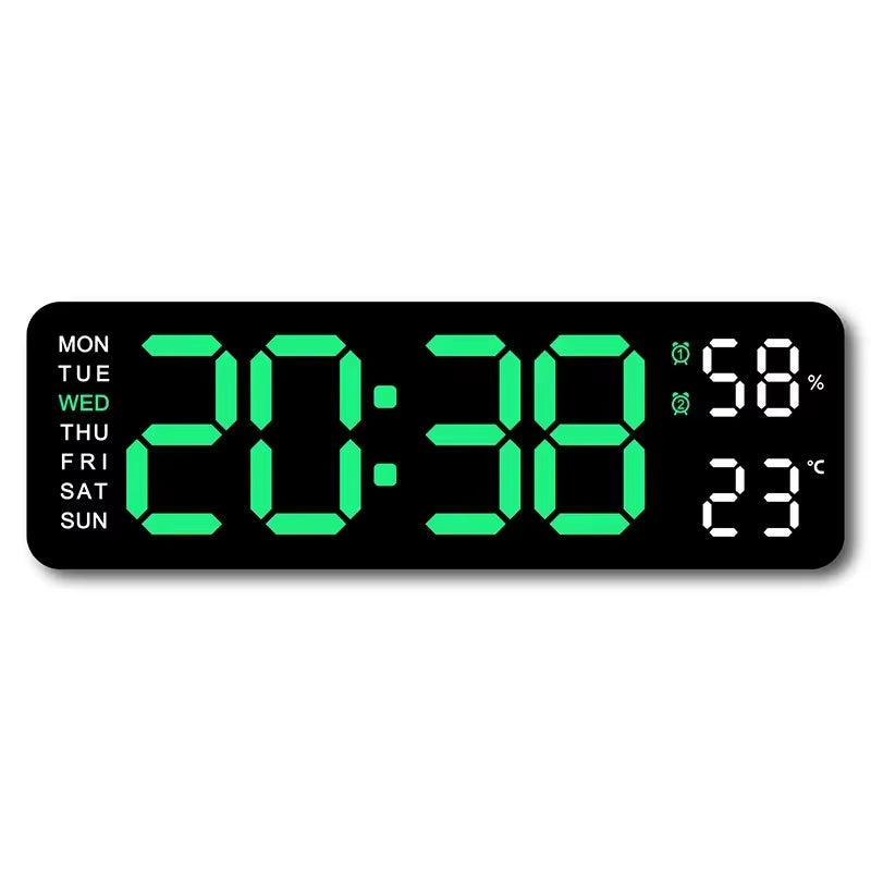 Large LED digital wall clock by Tech Stop displaying time, temperature, humidity, and week with a sleek modern design.