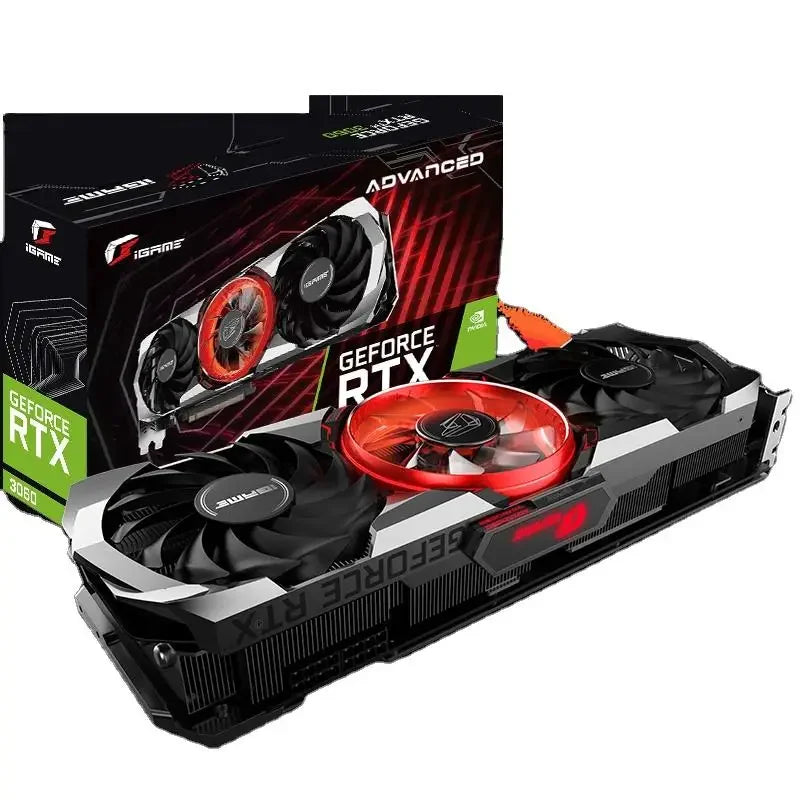 Tech stop Igame RTX3060 AD OC 12G graphics card with advanced cooling and sleek design, featuring multiple display ports and RGB accents.