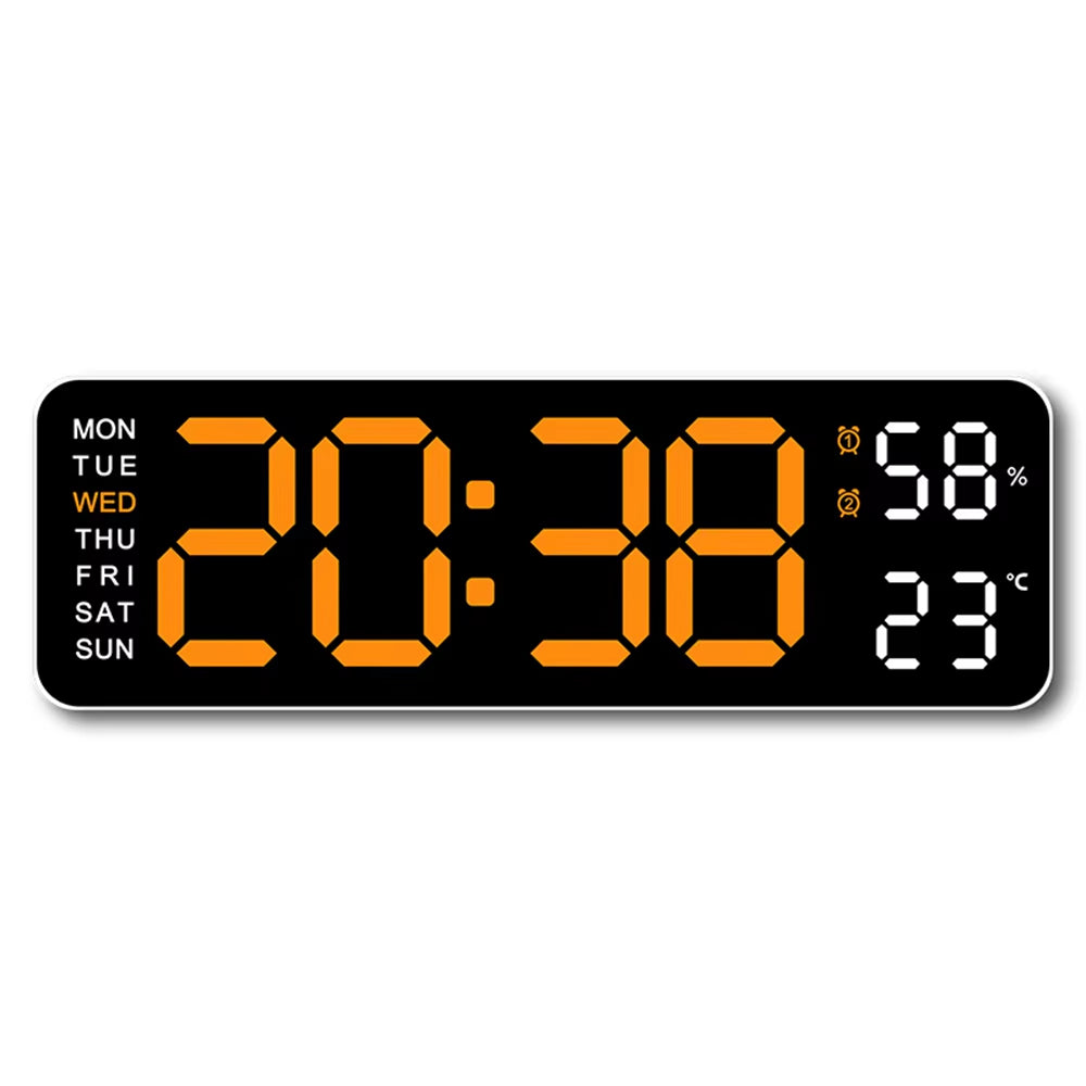 Large LED digital wall clock by Tech Stop displaying time, temperature, humidity, and week date on a modern wall.