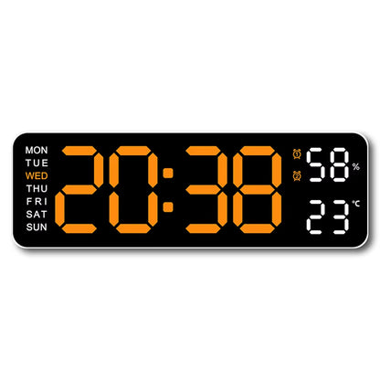 Large LED digital wall clock by Tech Stop displaying time, temperature, humidity, and week date on a modern wall.