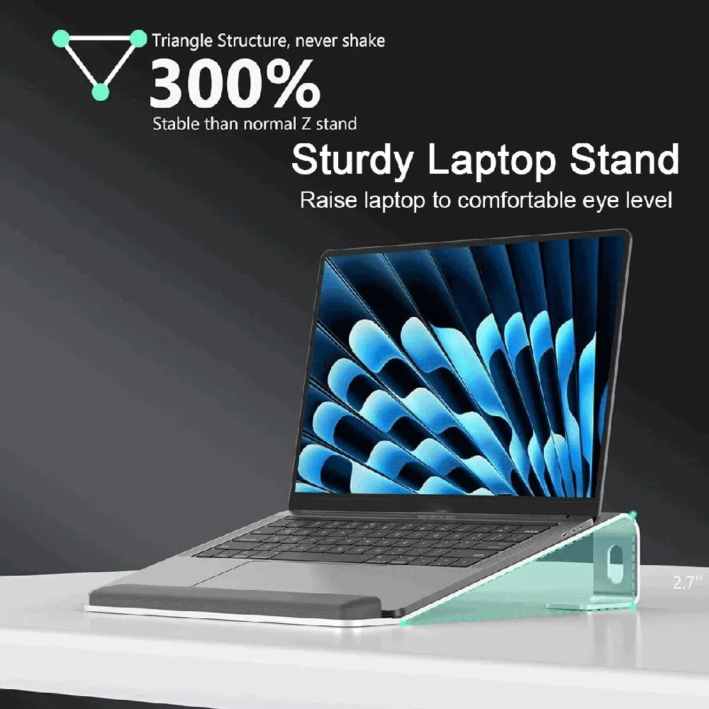Tech stop ergonomic aluminum laptop stand with wrist pad, portable and adjustable for comfortable workspace setup.