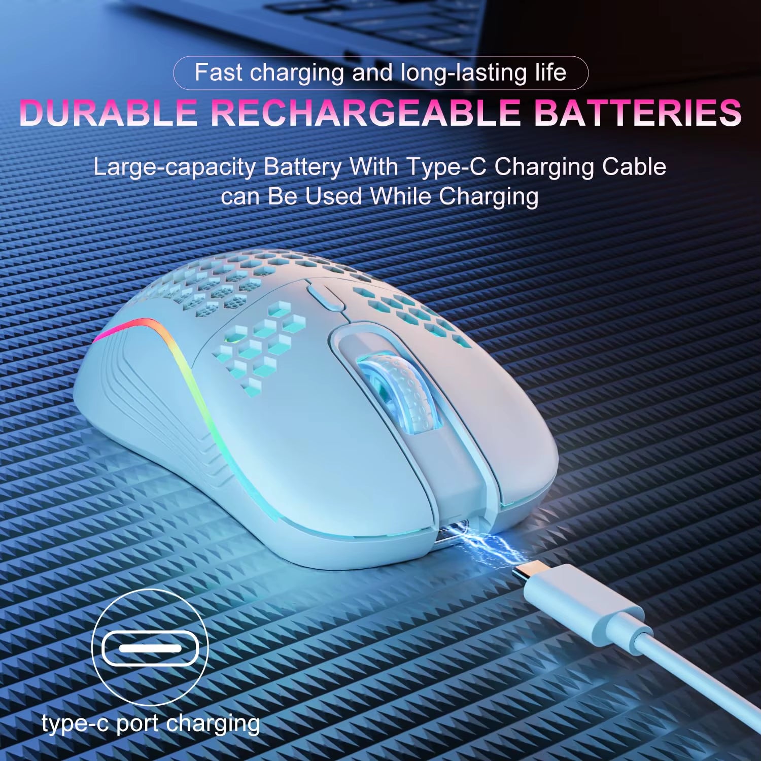 Tech stop 2.4G wireless gaming mouse with RGB backlit, 6 buttons, ergonomic honeycomb design, and Type C rechargeable port.