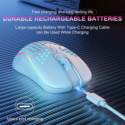 Tech stop 2.4G wireless gaming mouse with RGB backlit, 6 buttons, ergonomic honeycomb design, and Type C rechargeable port.