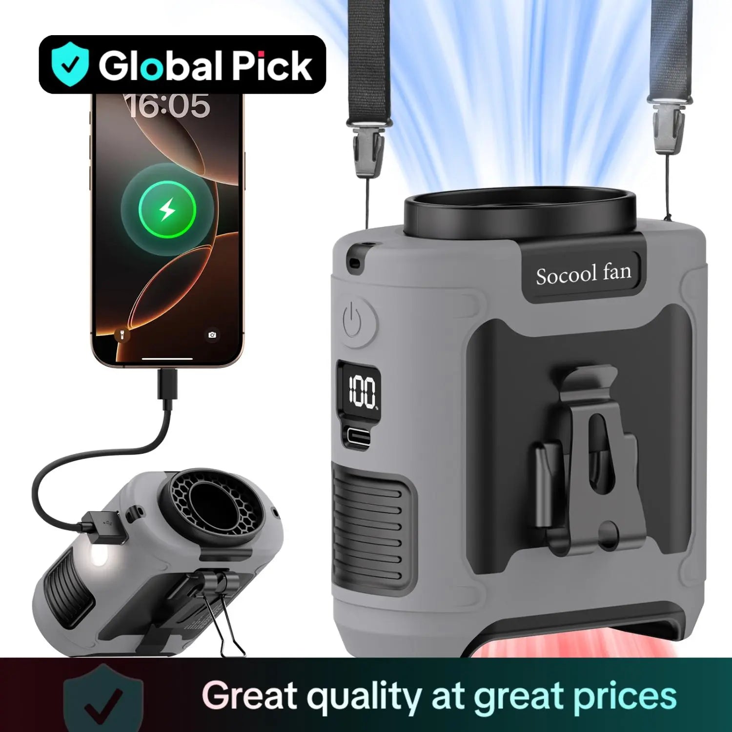 Tech stop portable 10,000mAh power bank with 3-in-1 fan, torch, and LED light, showing the compact device with multiple functions