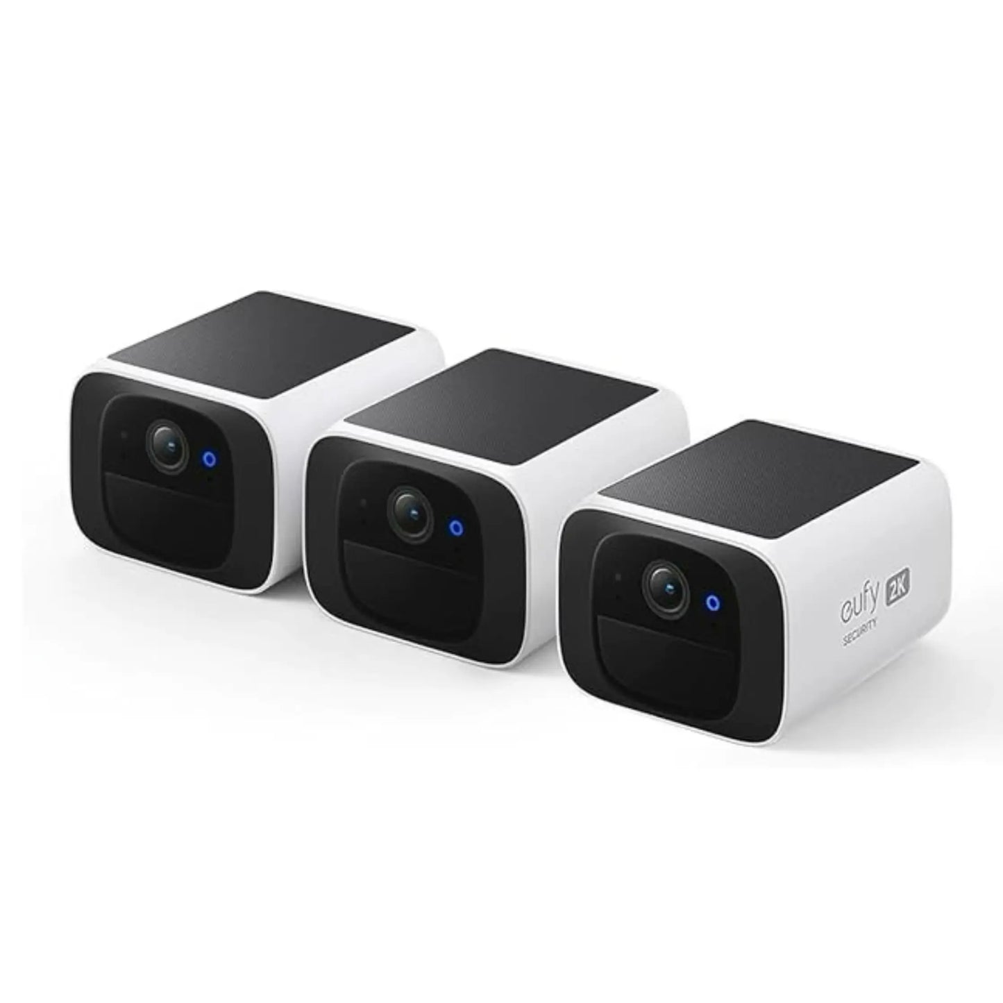 Wireless 2K outdoor solar security camera by Tech Stop mounted on a wall with a clear lens and solar panel for outdoor surveillance.