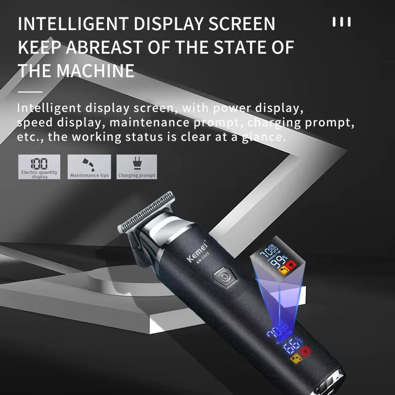 Cordless Zeroblade™ Pro hair trimmer with 7000RPM motor and LCD display, featuring sleek design and precision blades.