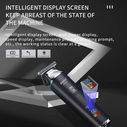 Cordless Zeroblade™ Pro hair trimmer with 7000RPM motor and LCD display, featuring sleek design and precision blades.