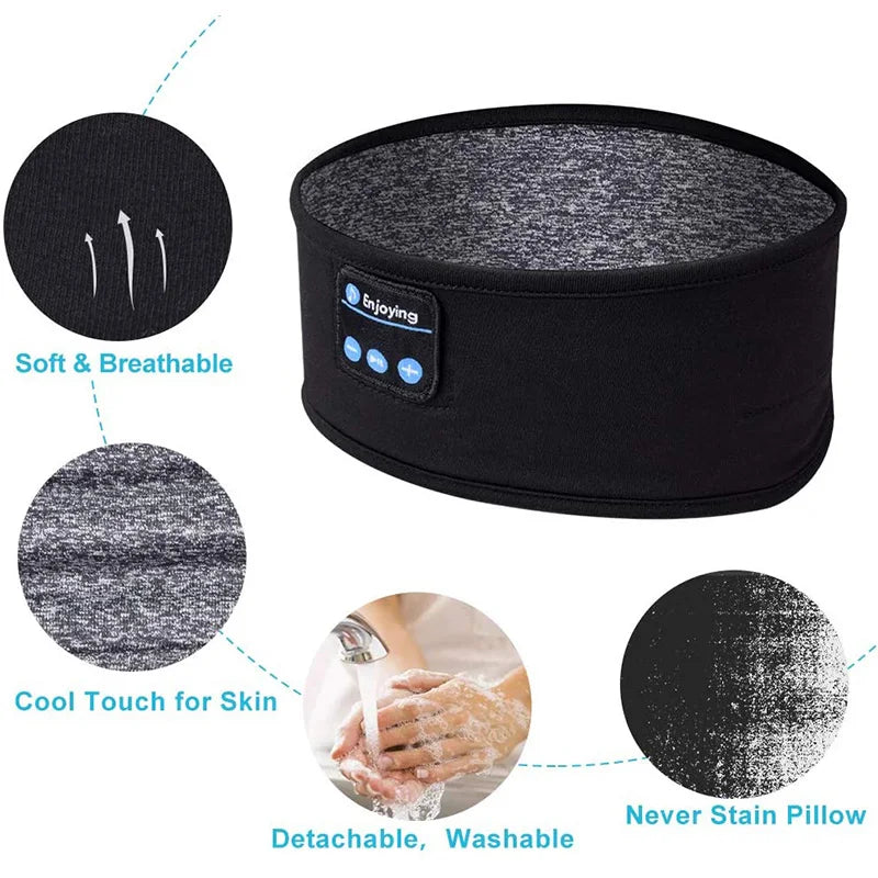 Wireless Bluetooth sleep headband by Tech stop with built-in speakers, soft fabric, designed for comfortable sleep, streaming, and relaxation.