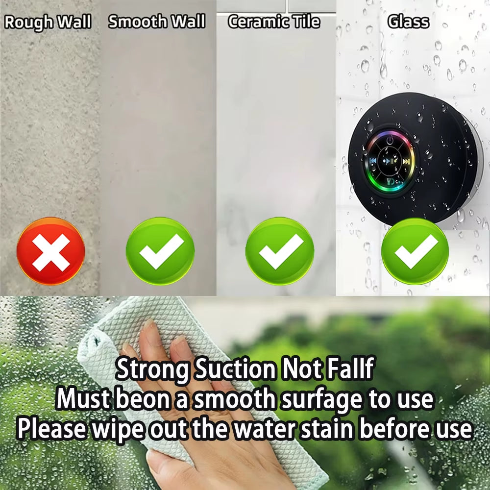 Tech stop AquaBeat Mini waterproof Bluetooth speaker with LED lights, powerful sound, and suction cup mount for portable use.