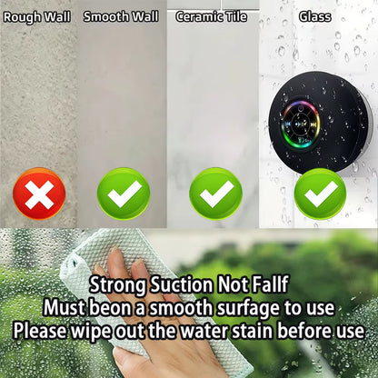 Tech stop AquaBeat Mini waterproof Bluetooth speaker with LED lights, powerful sound, and suction cup mount for portable use.