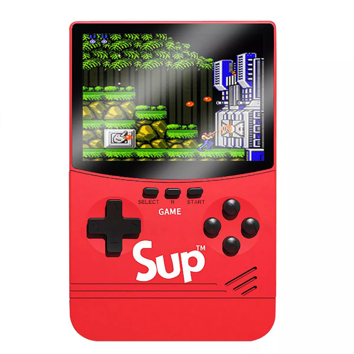 Tech Stop upgraded handheld retro gaming console with 500 games and built-in 5000mAh portable charger, featuring retro controls and screen.