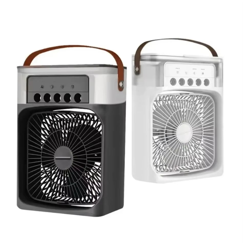 Tech stop portable USB fan and air cooler with LED night light, water mist humidifier, and compact design for home use