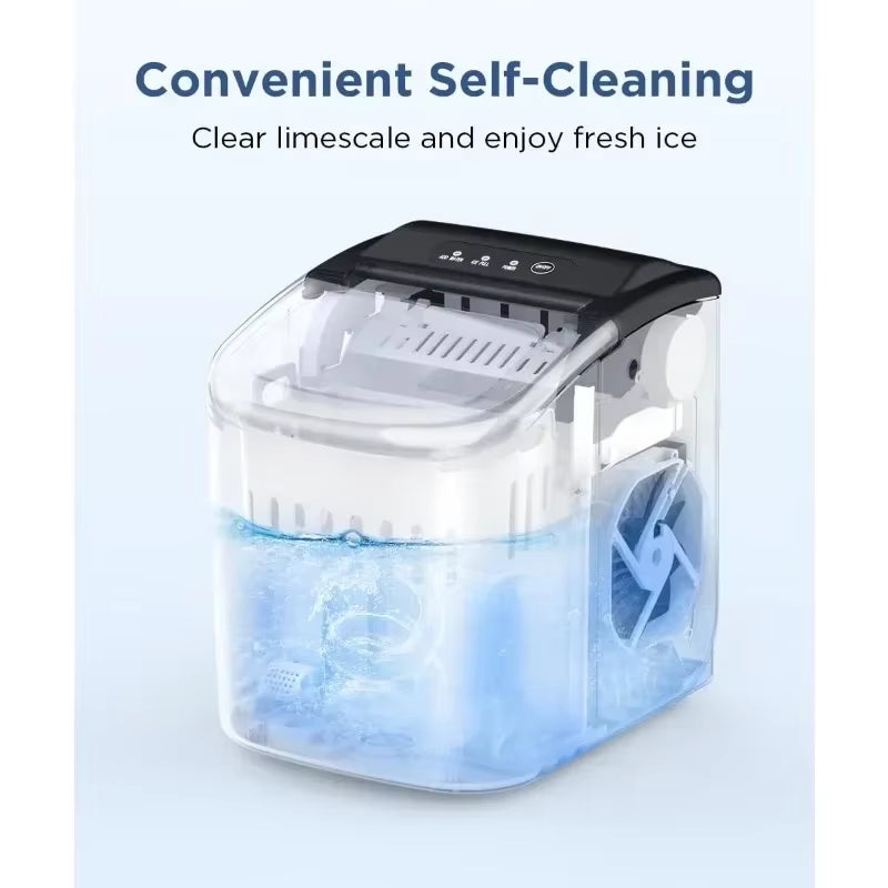 Portable Tech Stop countertop ice maker with 9 bullet ice cubes, self-cleaning feature, and basket for easy ice storage.