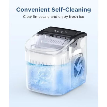 Portable Tech Stop countertop ice maker with 9 bullet ice cubes, self-cleaning feature, and basket for easy ice storage.