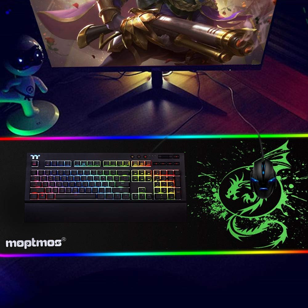 Large RGB Dragon Mouse Pad by Tech Stop with LED lighting and 15 modes, 31.5 x 12 inches, featuring a green dragon design.