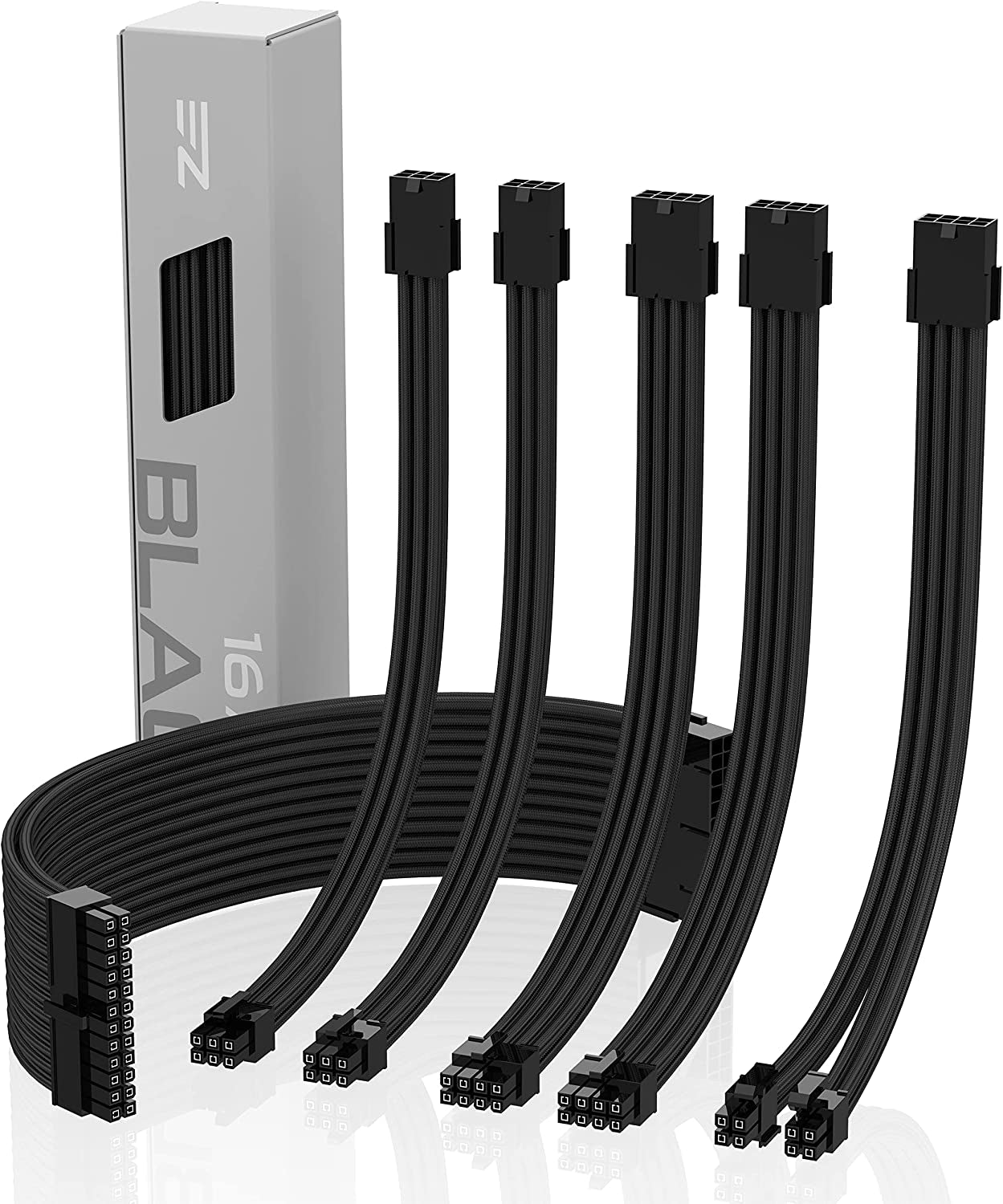 Black Tech Stop PSU cable extension kit with sleeved 16 AWG cables, 24-pin, 8-pin, 6-pin, 4+4-pin connectors and combs.