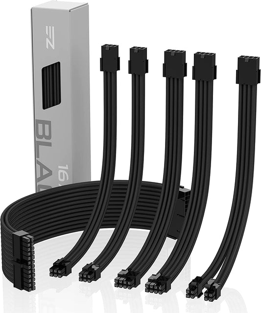 Black Tech Stop PSU cable extension kit with sleeved 16 AWG cables, 24-pin, 8-pin, 6-pin, 4+4-pin connectors and combs.