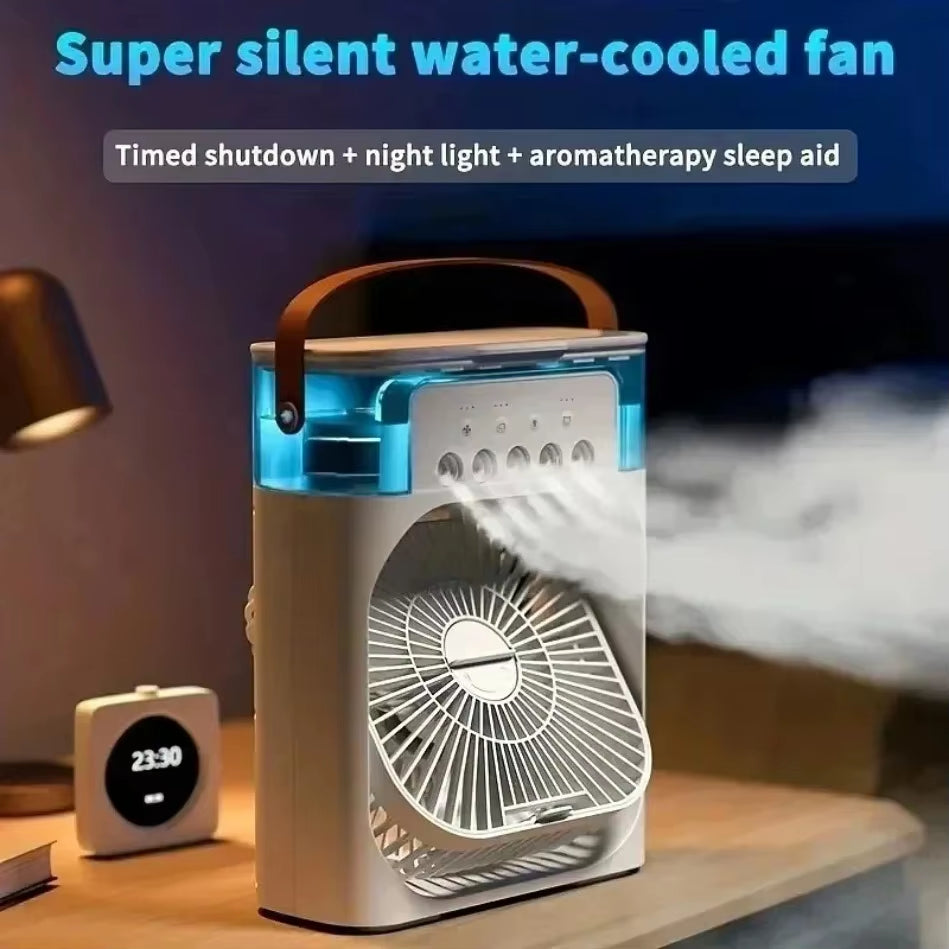 Tech stop portable USB fan with air cooler, LED night light, water mist humidifier, and electric fan for home use.