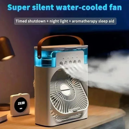 Tech stop portable USB fan with air cooler, LED night light, water mist humidifier, and electric fan for home use.