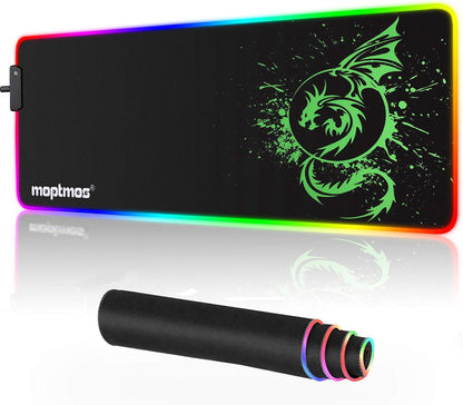 Large green RGB gaming mouse pad featuring anime dragon design, 15 LED lighting modes, 31.5 x 12 inches for gaming and desk use.