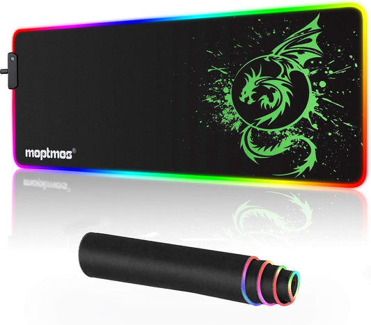 Large green RGB gaming mouse pad featuring anime dragon design, 15 LED lighting modes, 31.5 x 12 inches for gaming and desk use.