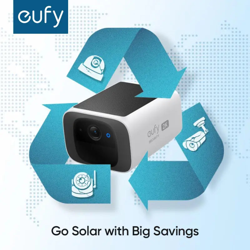 Wireless 2K outdoor solar security camera from Tech Stop, showing the camera mounted outdoors with solar panel and protective housing.