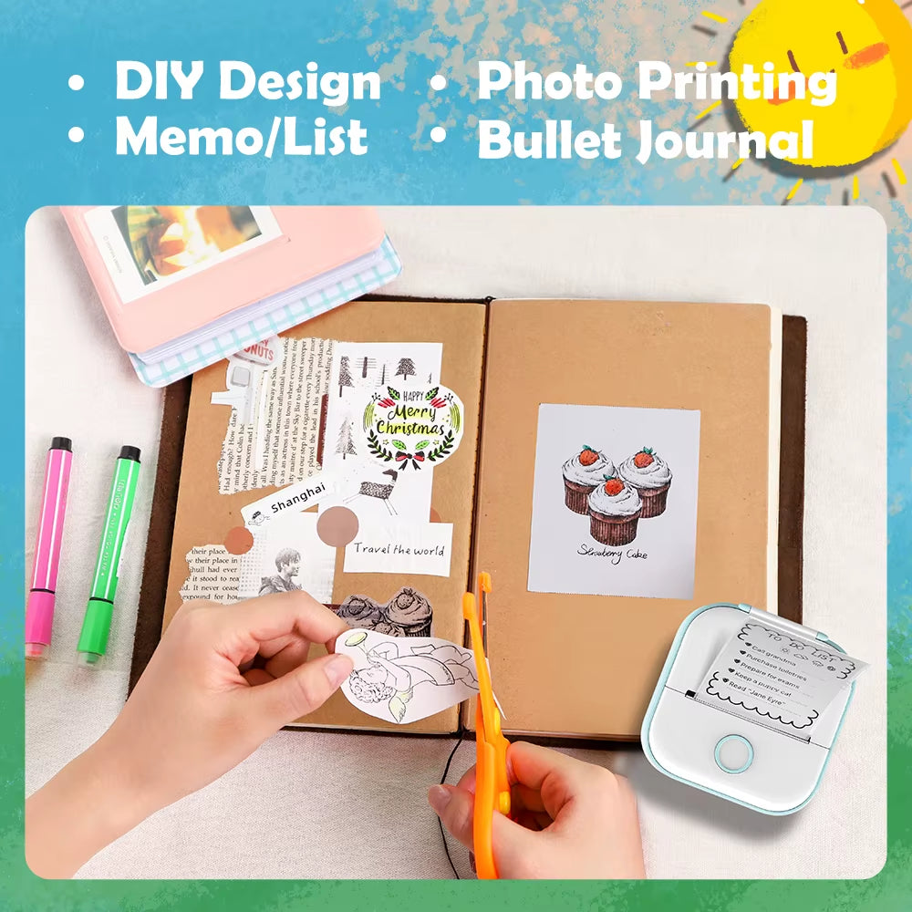 Tech stop T02 portable mini sticker printer printing self-adhesive labels for journals, notes, photos, and DIY projects.