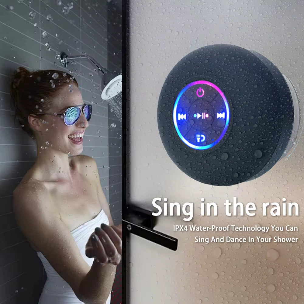Tech stop AquaBeat Mini waterproof Bluetooth speaker with LED lights and suction cup mount, showcasing its compact design and colorful LED display.