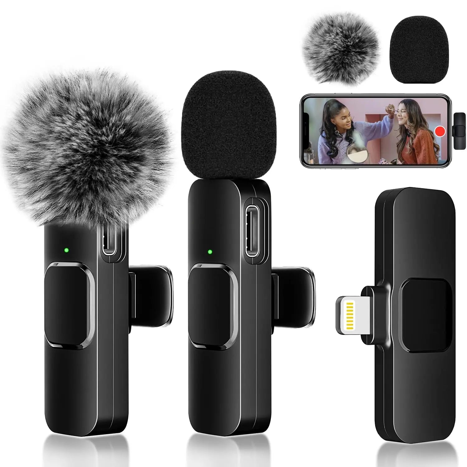 Two wireless Lavalier clip-on microphones by Tech Stop, compact and portable for clear audio recording.